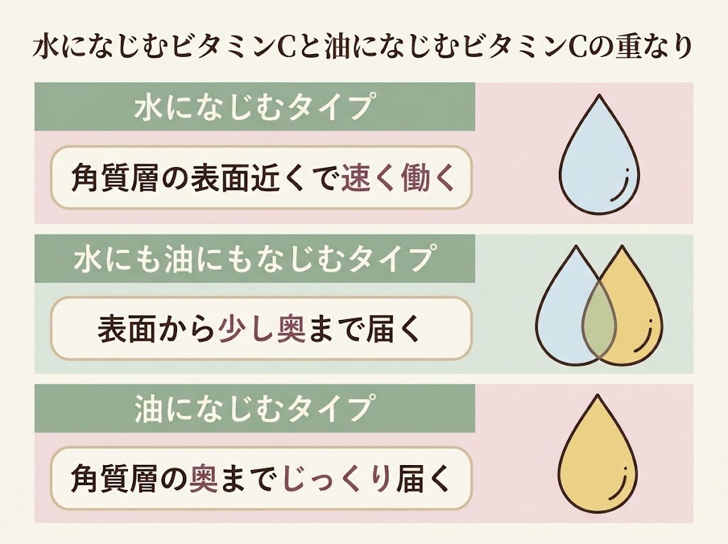水になじむビタミンCと油になじむビタミンCが角質層のどのあたりで働くかを示した3段のレイヤー図