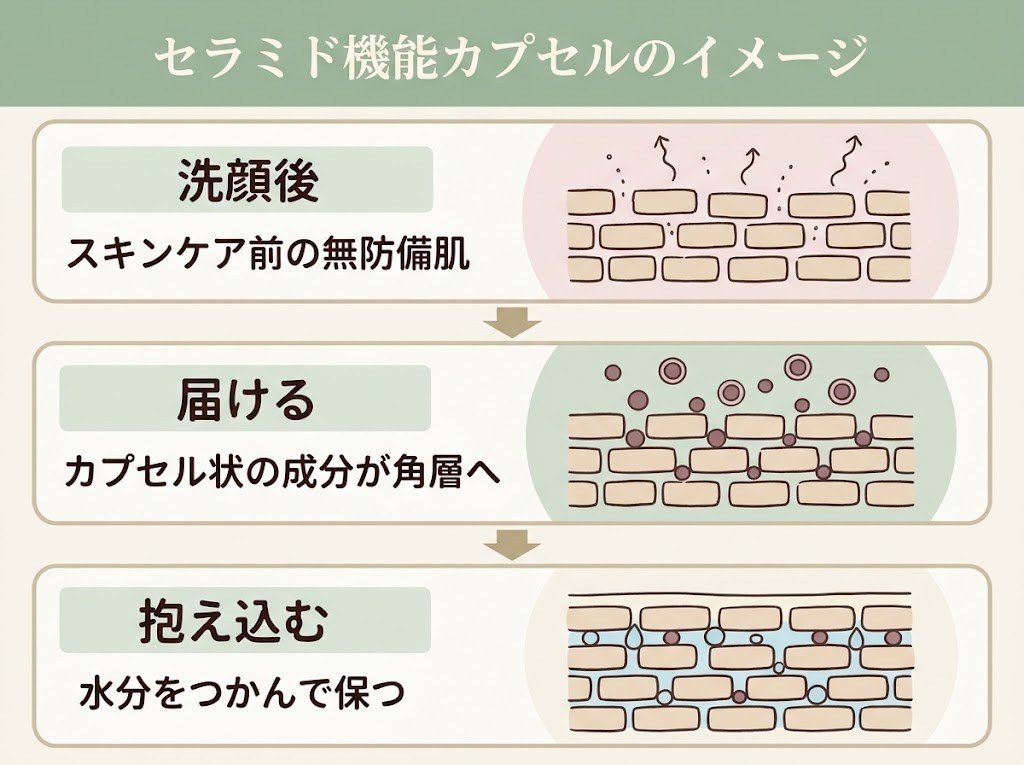 洗顔後の角層に、カプセル状のセラミド機能成分が届いて水分を抱え込むイメージ図