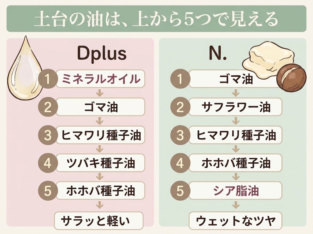 Dplus（ミネラルオイルが1番目）とN.（シア脂油が5番目）の全成分上位5つの並びを比べた図