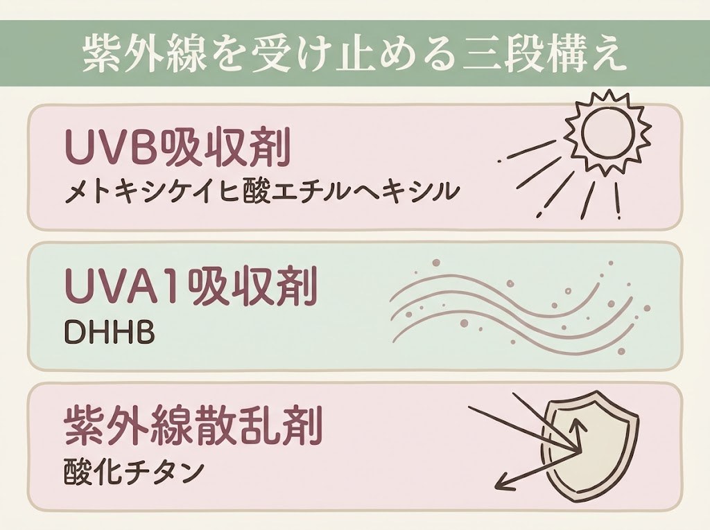 UVB吸収剤・UVA1吸収剤DHHB・酸化チタンの三段構えで紫外線を受け止めるレイヤー図