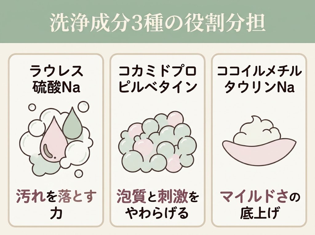 硫酸系・両性・アミノ酸系の3種の洗浄成分が、落とす力とやさしさのバランスをとる役割分担の図