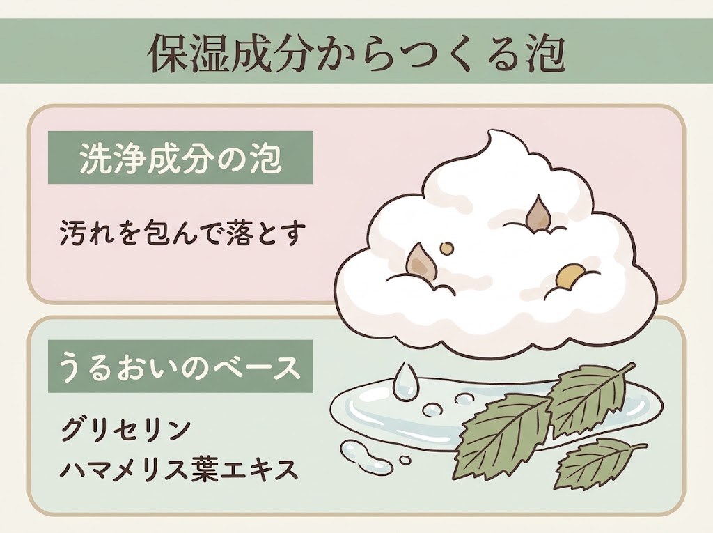 保湿成分のグリセリンとハマメリス葉エキスがベースになり、その上に洗浄成分の泡がのる層のイメージ図