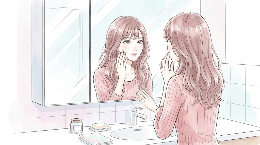 鏡で肌の状態をチェックするありすのイラスト