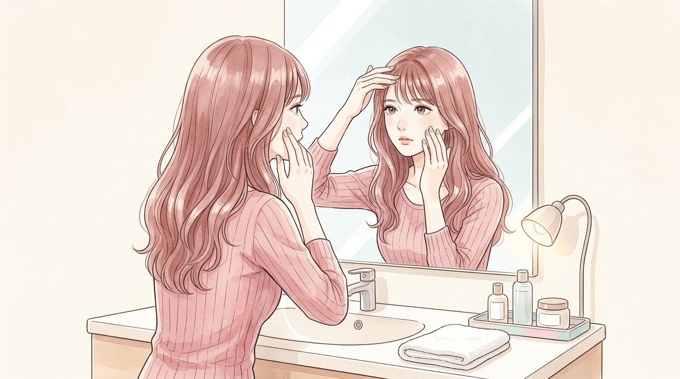 洗顔後に鏡で自分の肌をチェックしているありすのイラスト