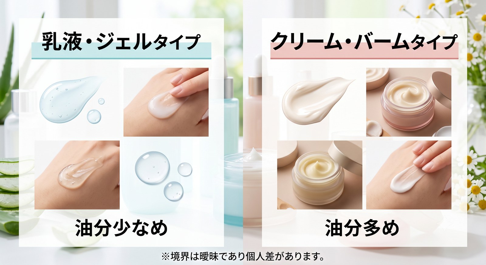 乳液とクリームの油分量の違いを示すグラデーション図解。左は油分少なめの乳液・ジェルタイプ、右は油分多めのクリーム・バームタイプ