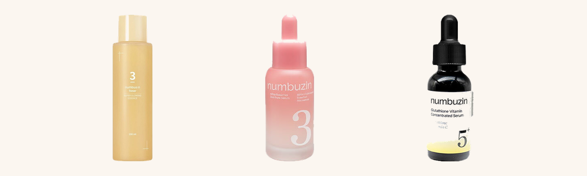 numbuzin 3番うるツヤ発酵トナー・3番すべすべキメケアセラム・5番白玉グルタチオンC美容液の商品ラインナップ