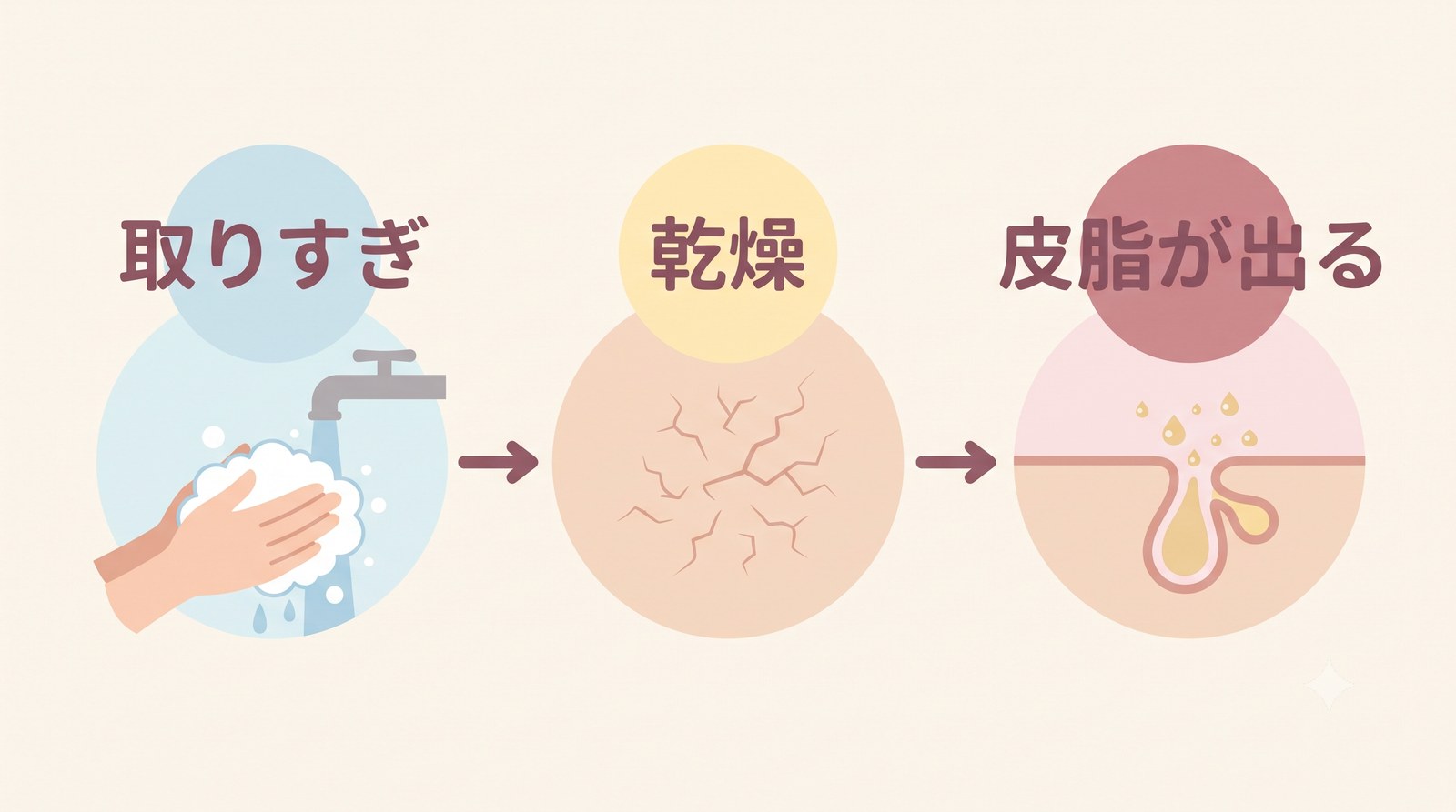 皮脂を取りすぎることで乾燥し、かえって皮脂が増える悪循環を示した図解