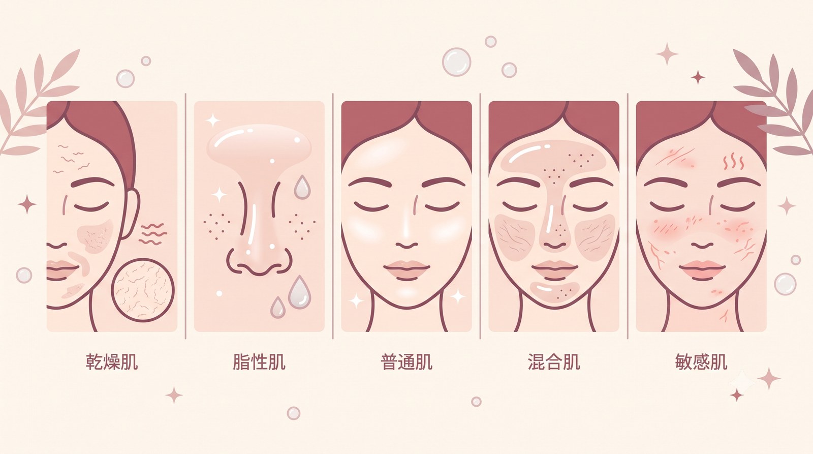 乾燥肌・脂性肌・普通肌・混合肌・敏感肌の5つの肌質タイプの特徴を並べた図解イラスト