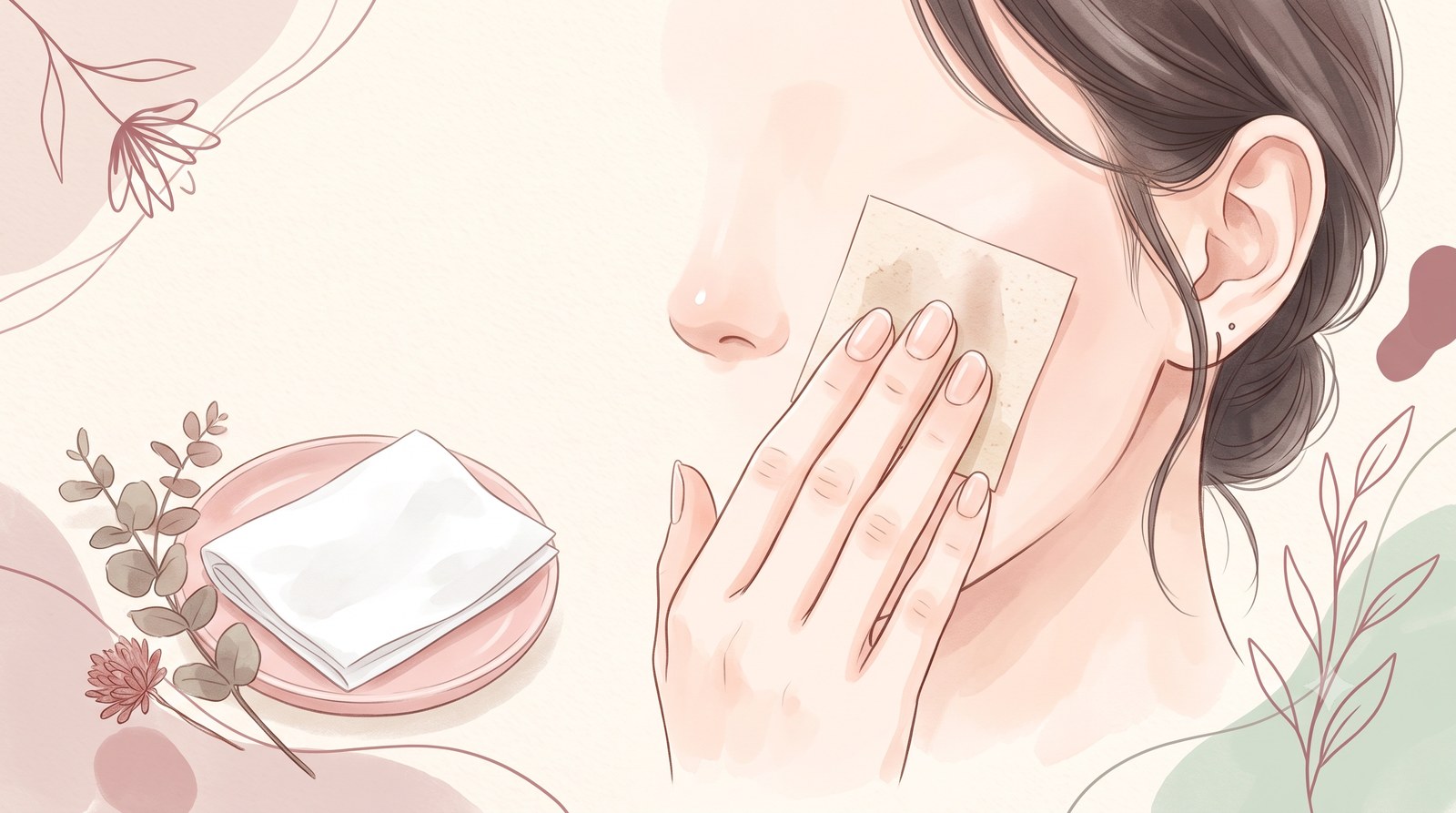 あぶらとり紙やティッシュを顔に当てて皮脂をチェックする様子のイメージイラスト