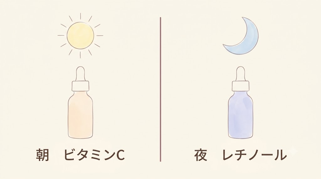 朝ビタ・夜レチの使い分けイラスト(朝はビタミンC、夜はレチノール)