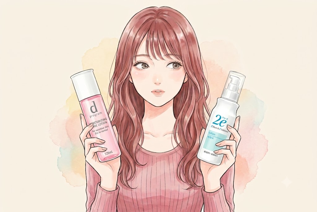 ありすがdプログラムと2eの化粧水を両手に持って見比べているイラスト
