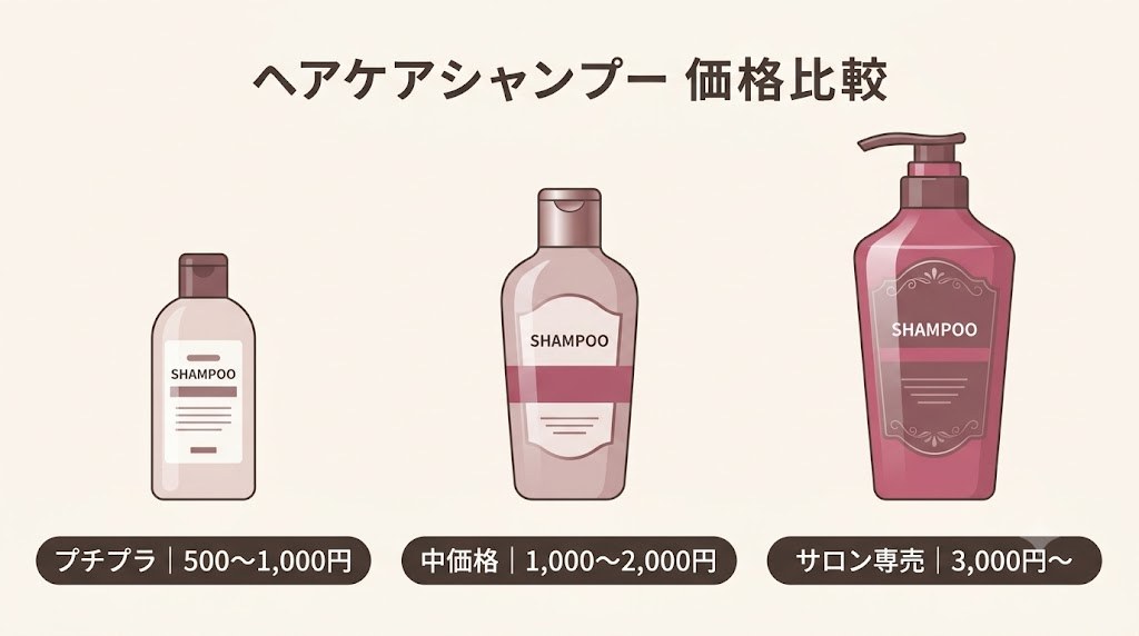 ヘアケアの価格帯早見表(プチプラ・中価格・サロン専売の3段階)