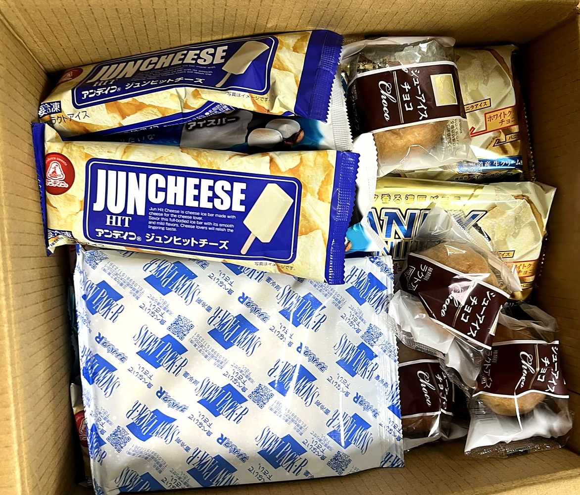 保冷剤とアイスがぎっしり詰まった状態で届いた段ボール箱の中身