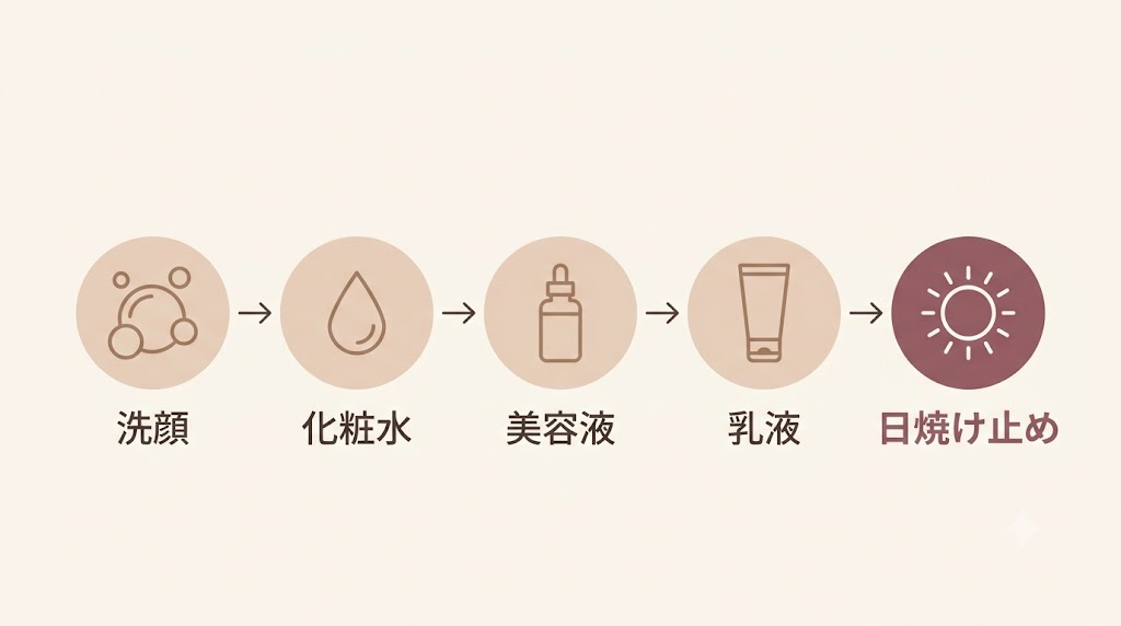 朝のスキンケア手順フロー図(洗顔→化粧水→美容液→乳液・クリーム→日焼け止め)