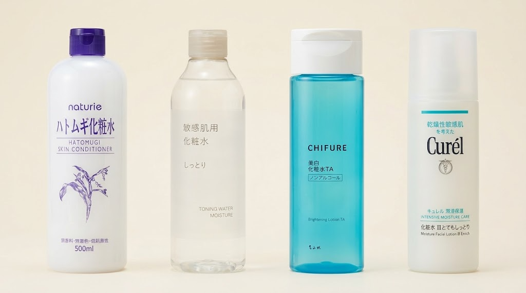 大手プチプラの化粧水（ナチュリエ ハトムギ化粧水・無印良品 敏感肌用化粧水・ちふれ 美白化粧水TA・キュレル 化粧水III）を並べたイメージ