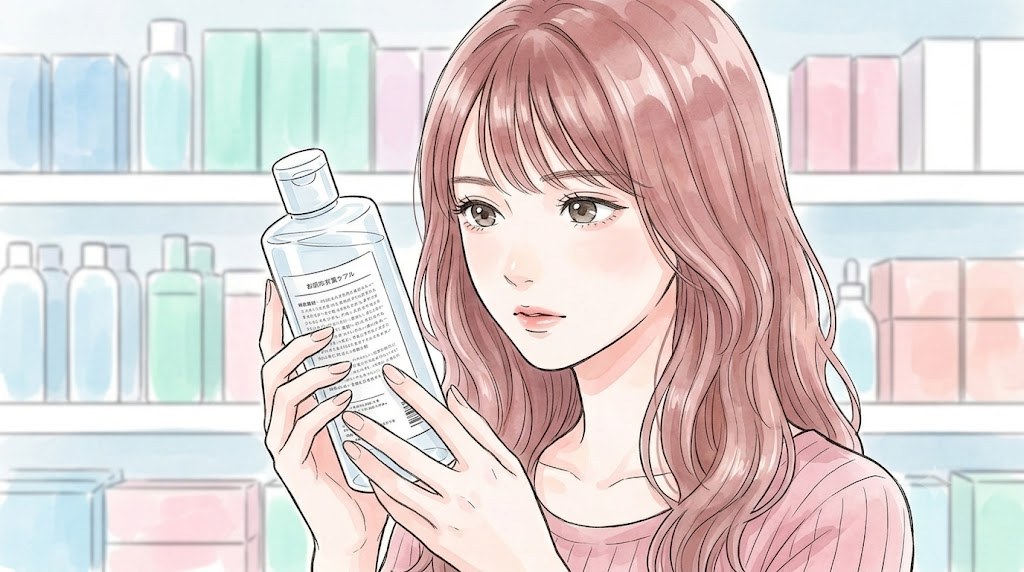 ドラッグストアで化粧水の成分表示を確認するありすのイラスト