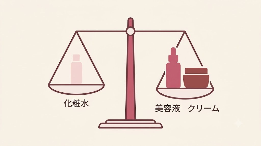 化粧水は抑えめに、美容液やクリームに予算を寄せるスキンケアの配分イメージ図