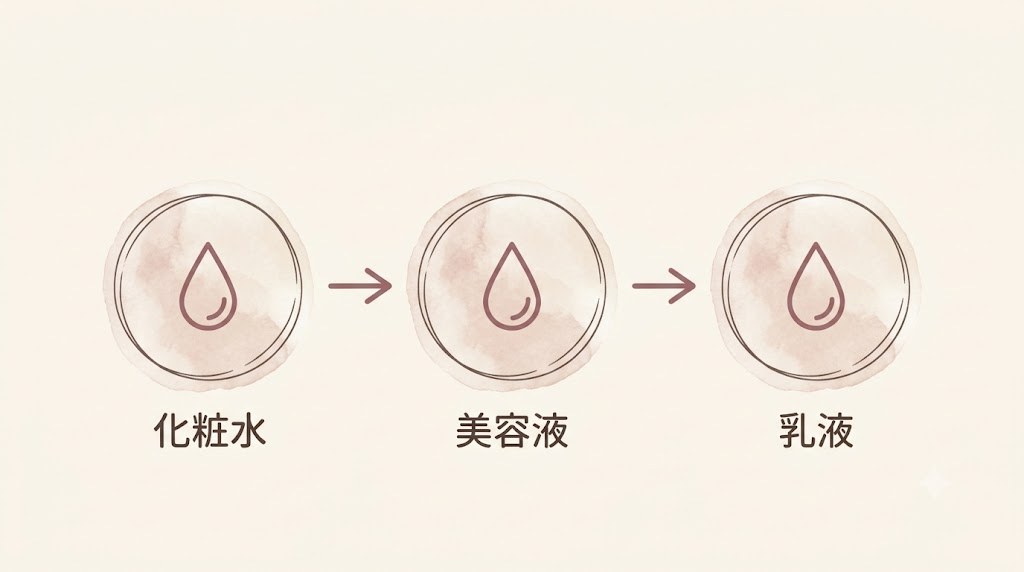 化粧水→美容液→乳液の基本3ステップを示す横長図解