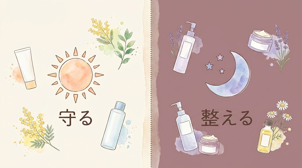 朝は守る・夜は整えるという目的の違いを表す対比図