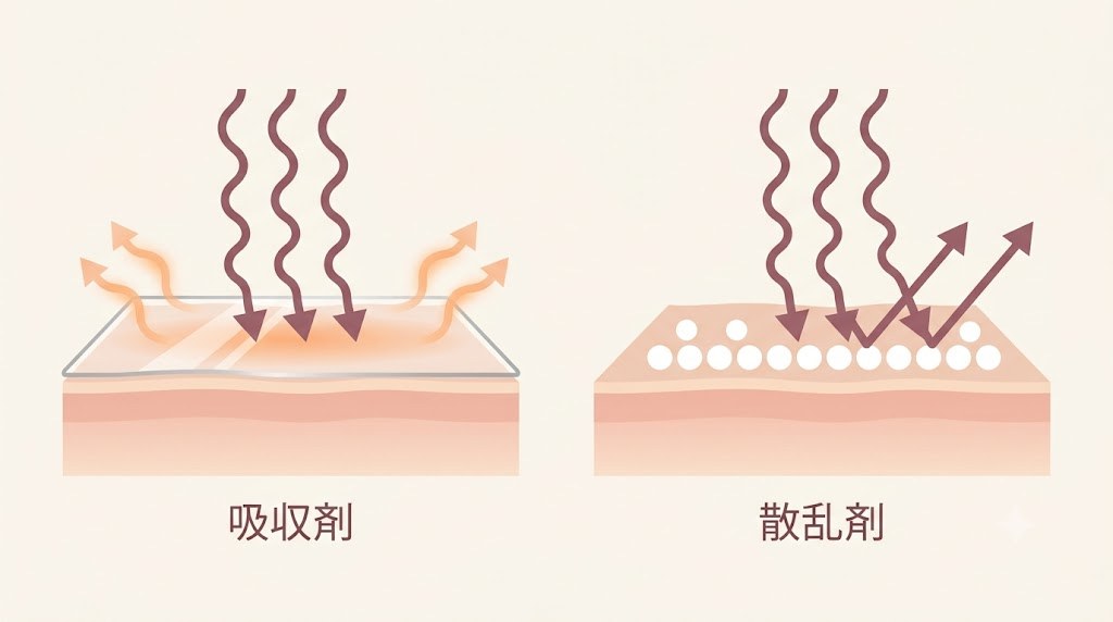 紫外線吸収剤と紫外線散乱剤の仕組みを比較した図解
