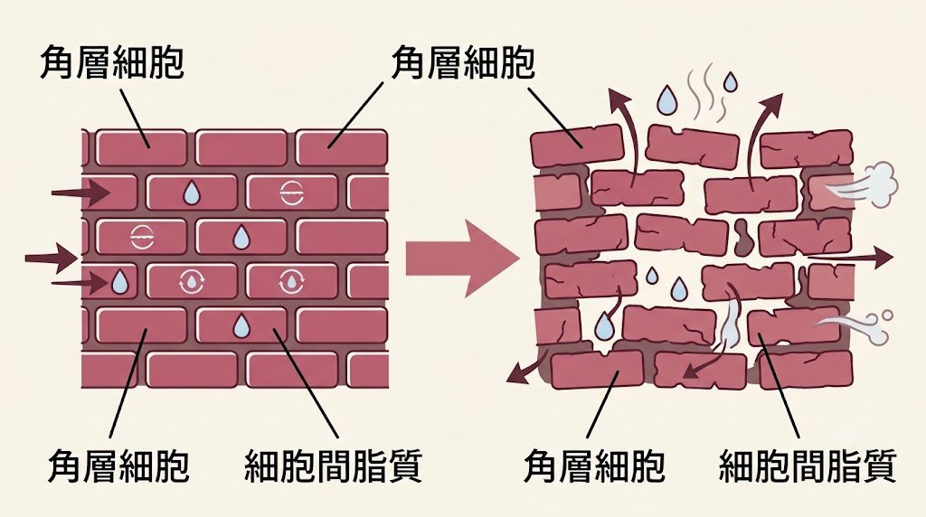 角層のバリア機能が整っている状態と乱れている状態の比較イラスト