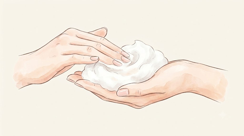 たっぷりの泡で指を直接肌につけずに洗顔する手元のイラスト