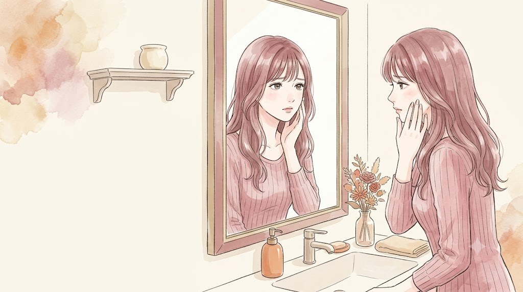 季節の変わり目に鏡の前で肌の調子をたしかめるありす