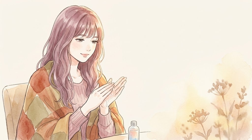 秋色のブランケットを羽織って落ち着いた表情でスキンケアをするありす