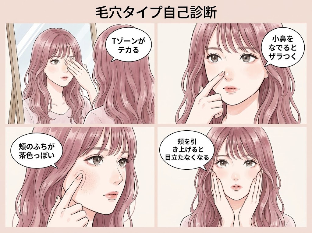 毛穴タイプ自己診断チャート（Tゾーン・小鼻・頬のふち・頬の引き上げの4アクション）