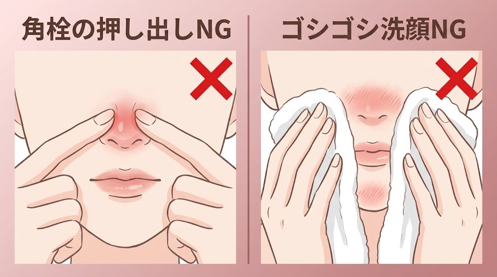 角栓の押し出しとゴシゴシ洗顔にバツ印をつけた、毛穴ケアのNG行動イラスト（顔全体は映さないクローズアップ）