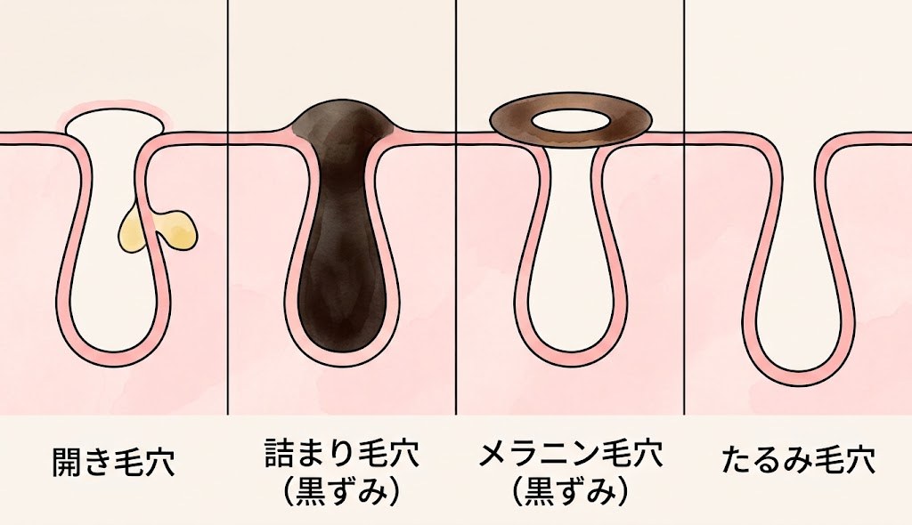開き毛穴・詰まり毛穴・メラニン毛穴・たるみ毛穴の4タイプを並べた比較イラスト