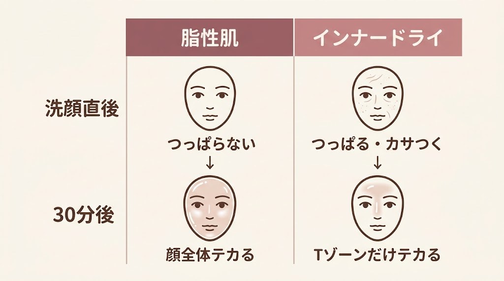 脂性肌とインナードライの洗顔直後と30分後の肌状態を対比した図解イラスト