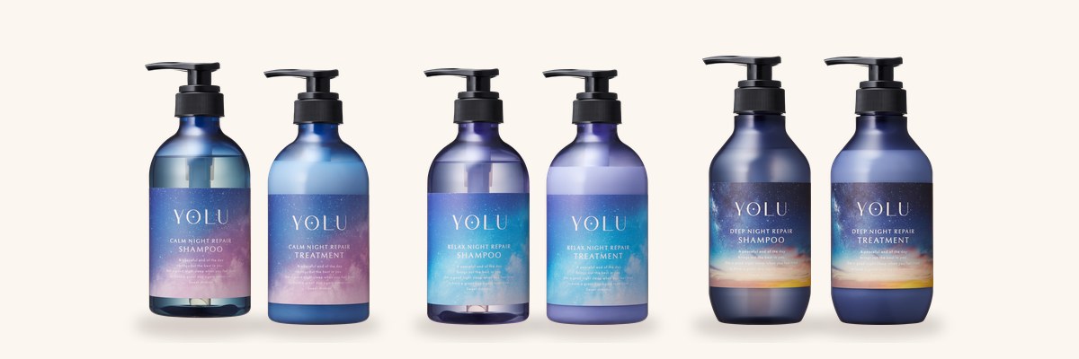 YOLU カーム・リラックス・ディープナイトリペアのシャンプーとトリートメントを並べたラインナップ